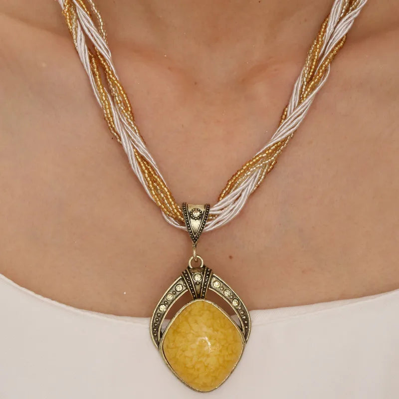 Ethnic Necklace with Large Yellow Oval Pendant