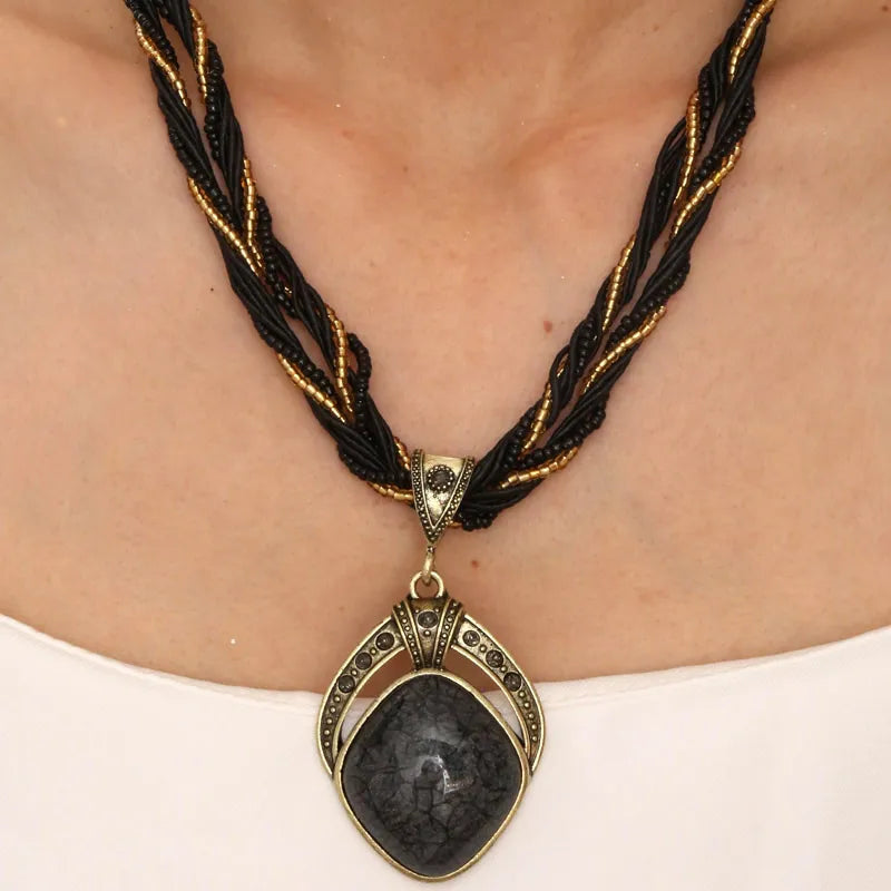 Ethnic Necklace with Large Black Oval Pendant