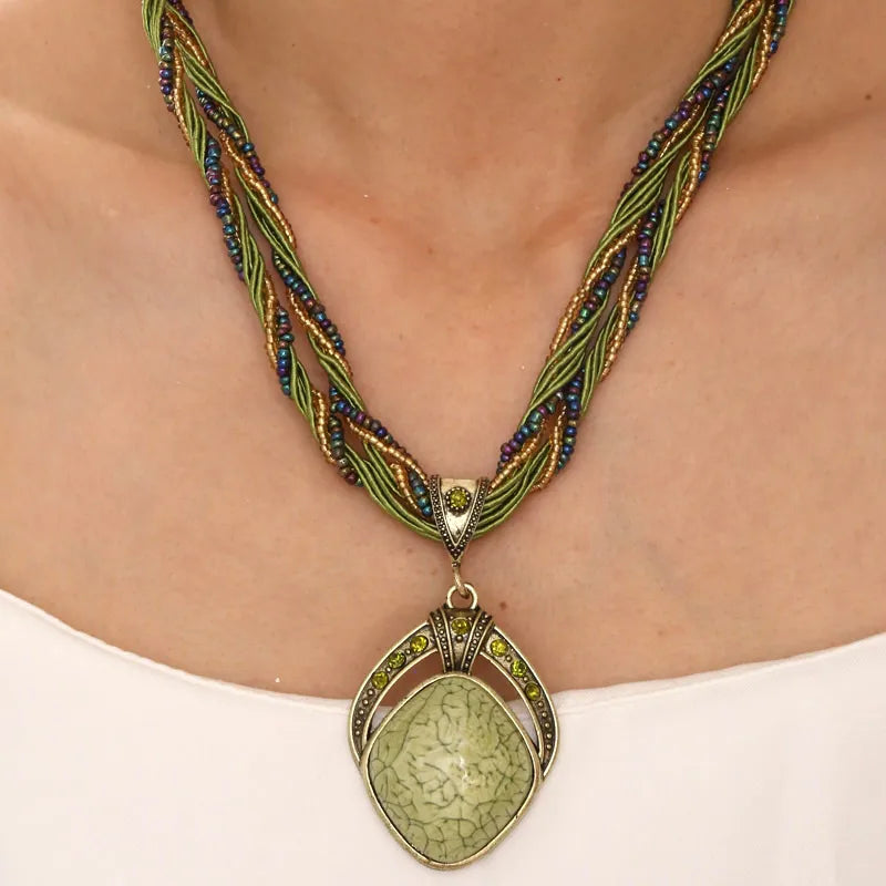 Ethnic Necklace with Large Green Oval Pendant