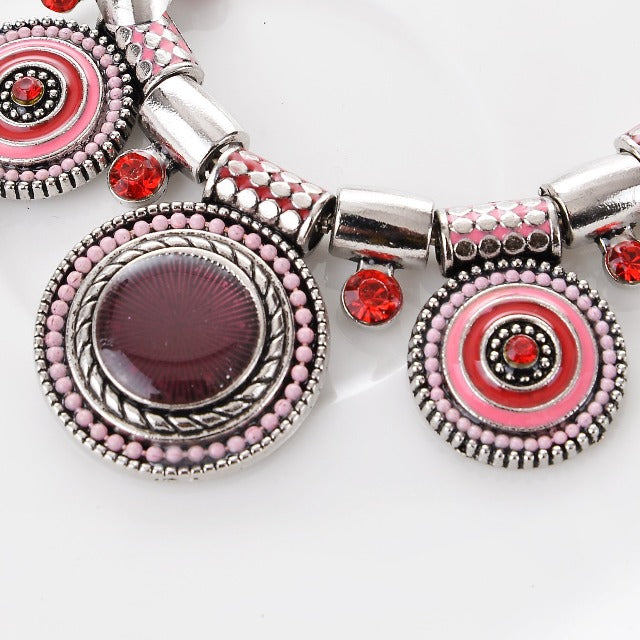 Ethnic Necklace Silver Turquoise Pink Red