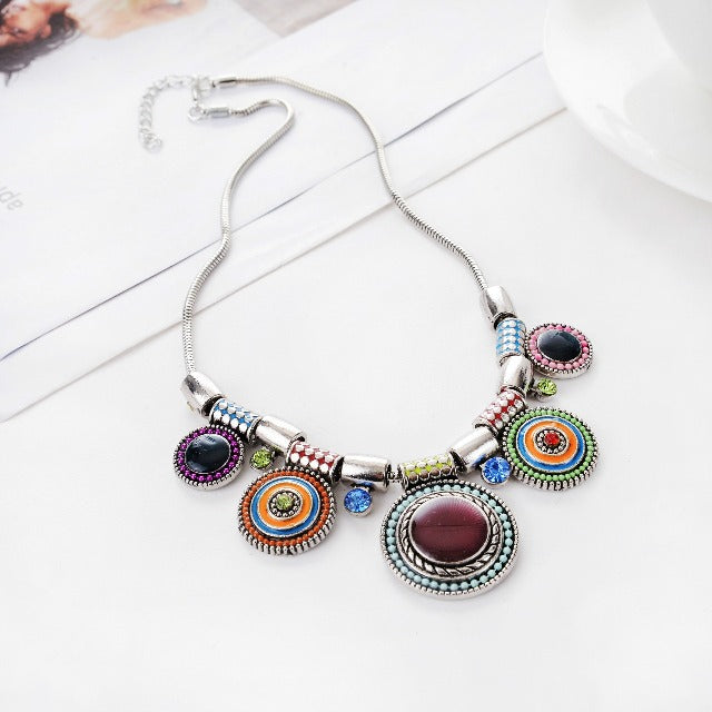 Ethnic Necklace Silver Multicolored Turquoise