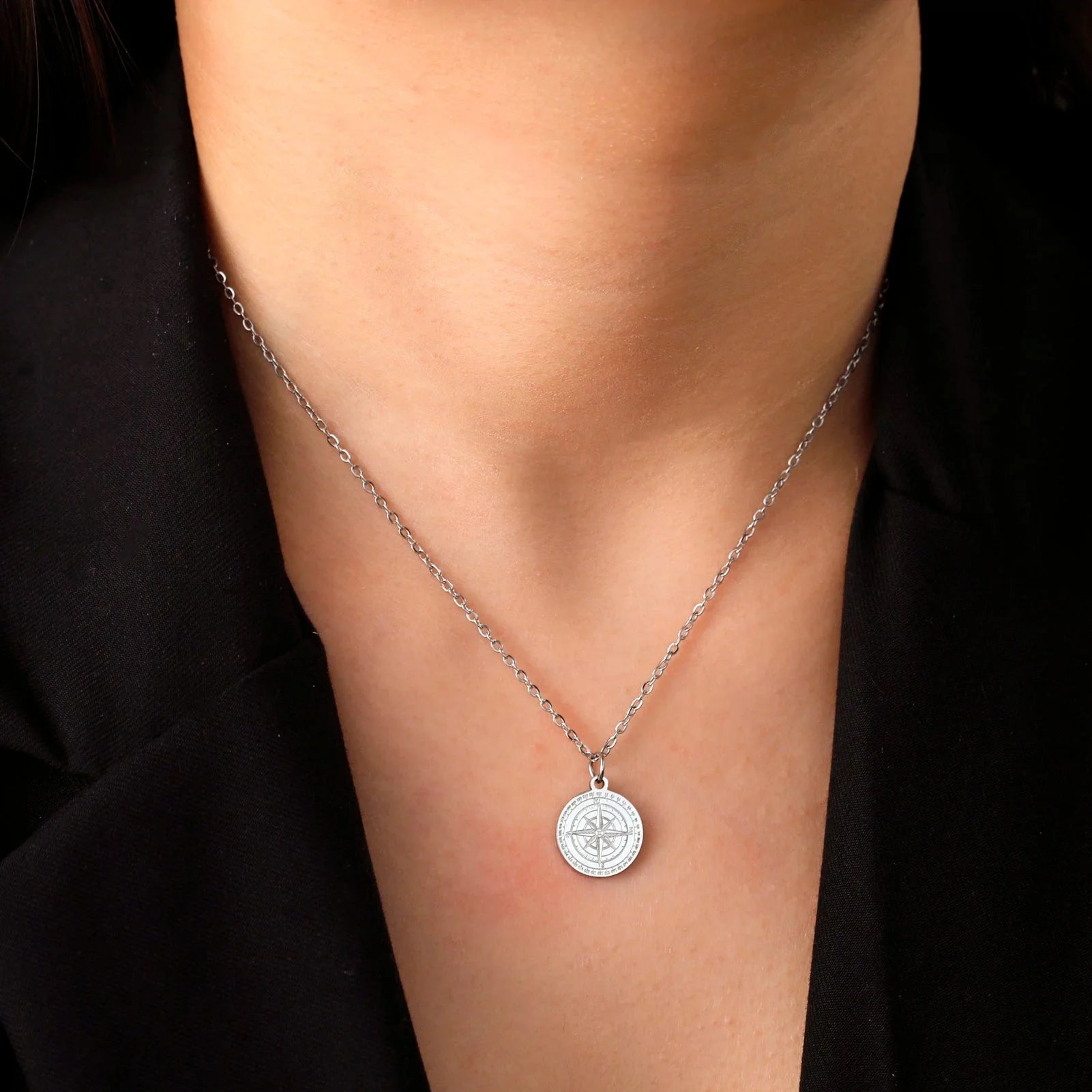 Women's Necklace Pendant Compass Rose Cardinal Silver