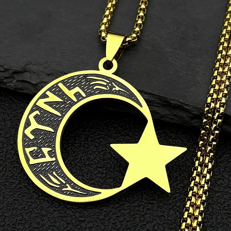 Collier homme "türk" en runes göktürk: croissant de lune et étoile or