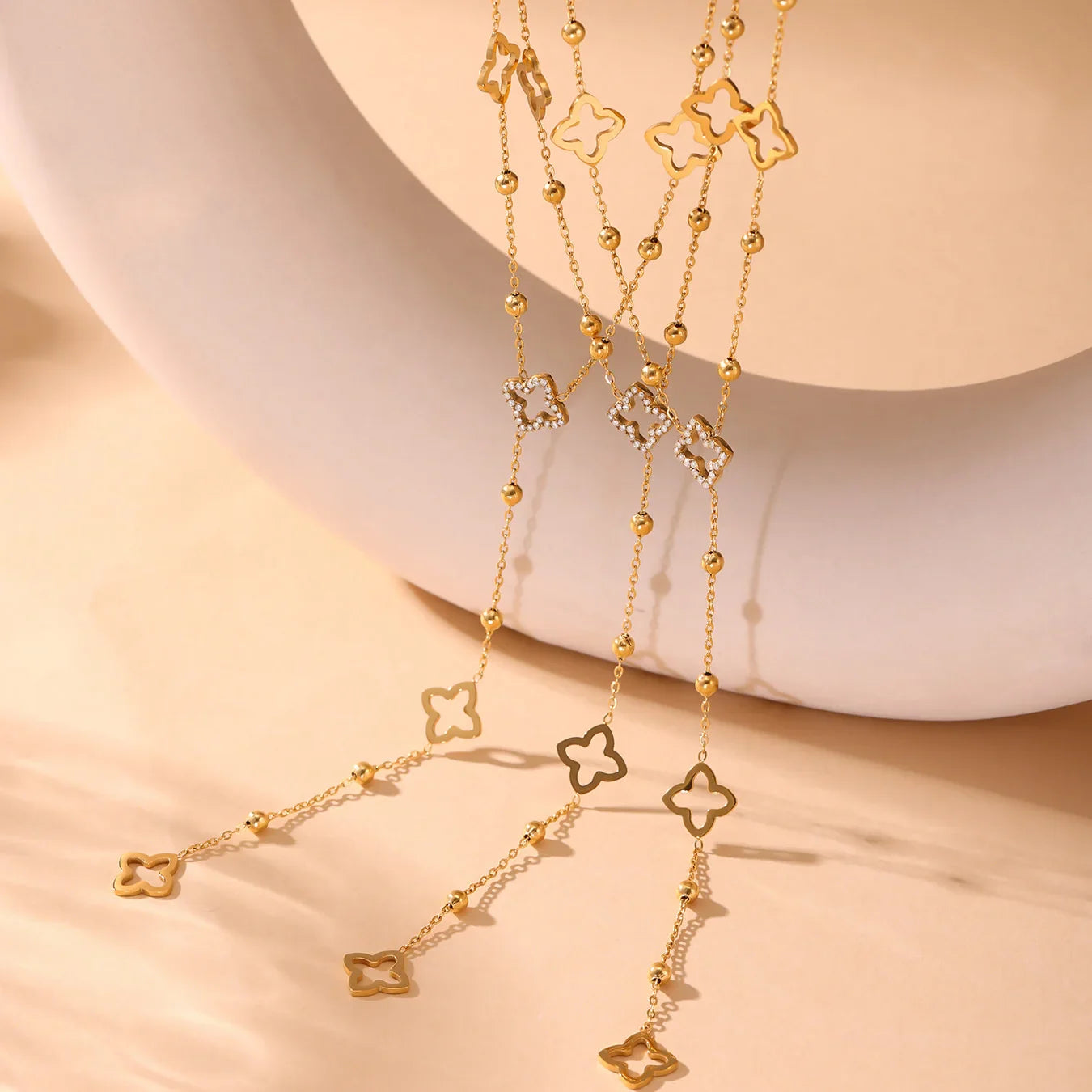 Long Necklace with Four-Leaf Clover and Zircon Pendants Gold