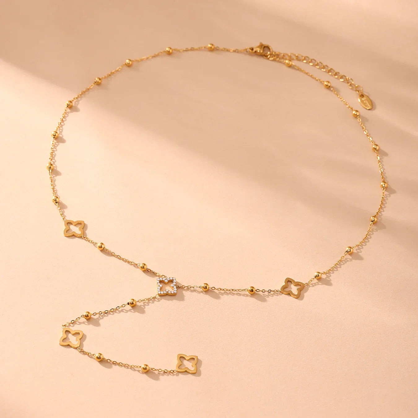 Long Necklace with Four-Leaf Clover and Zircon Pendants Gold