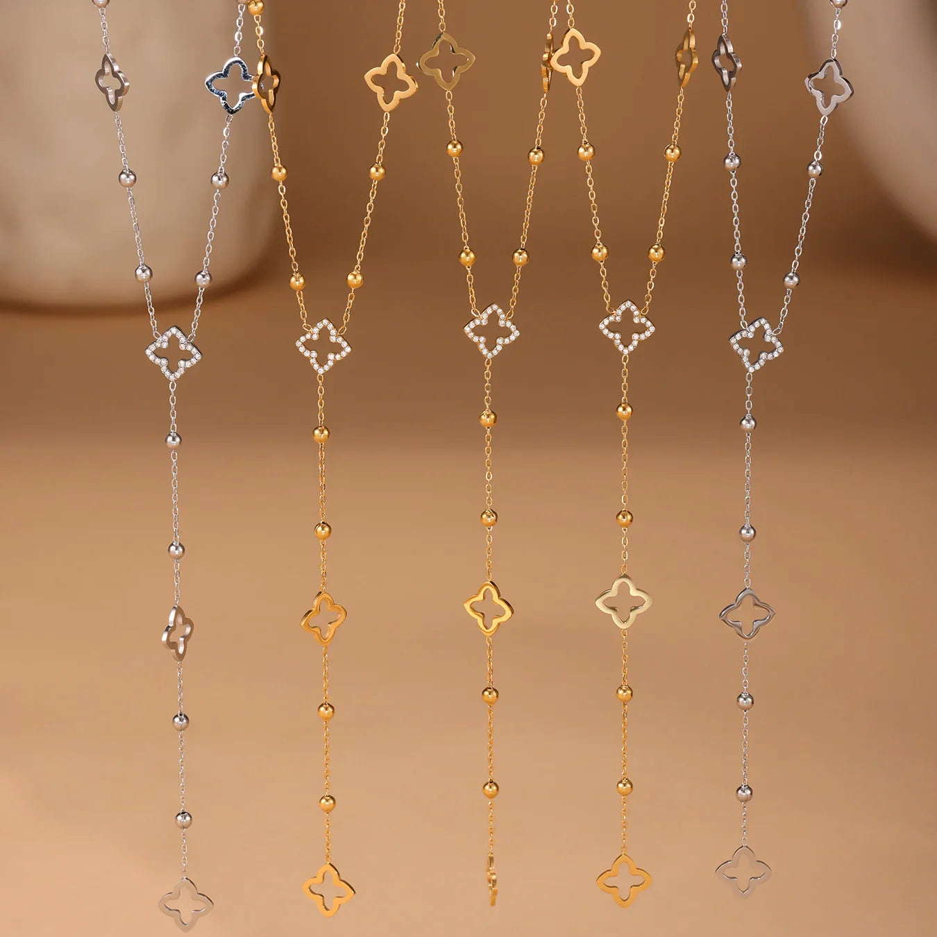 Long Necklace with Four-Leaf Clover and Zircon Pendants Silver