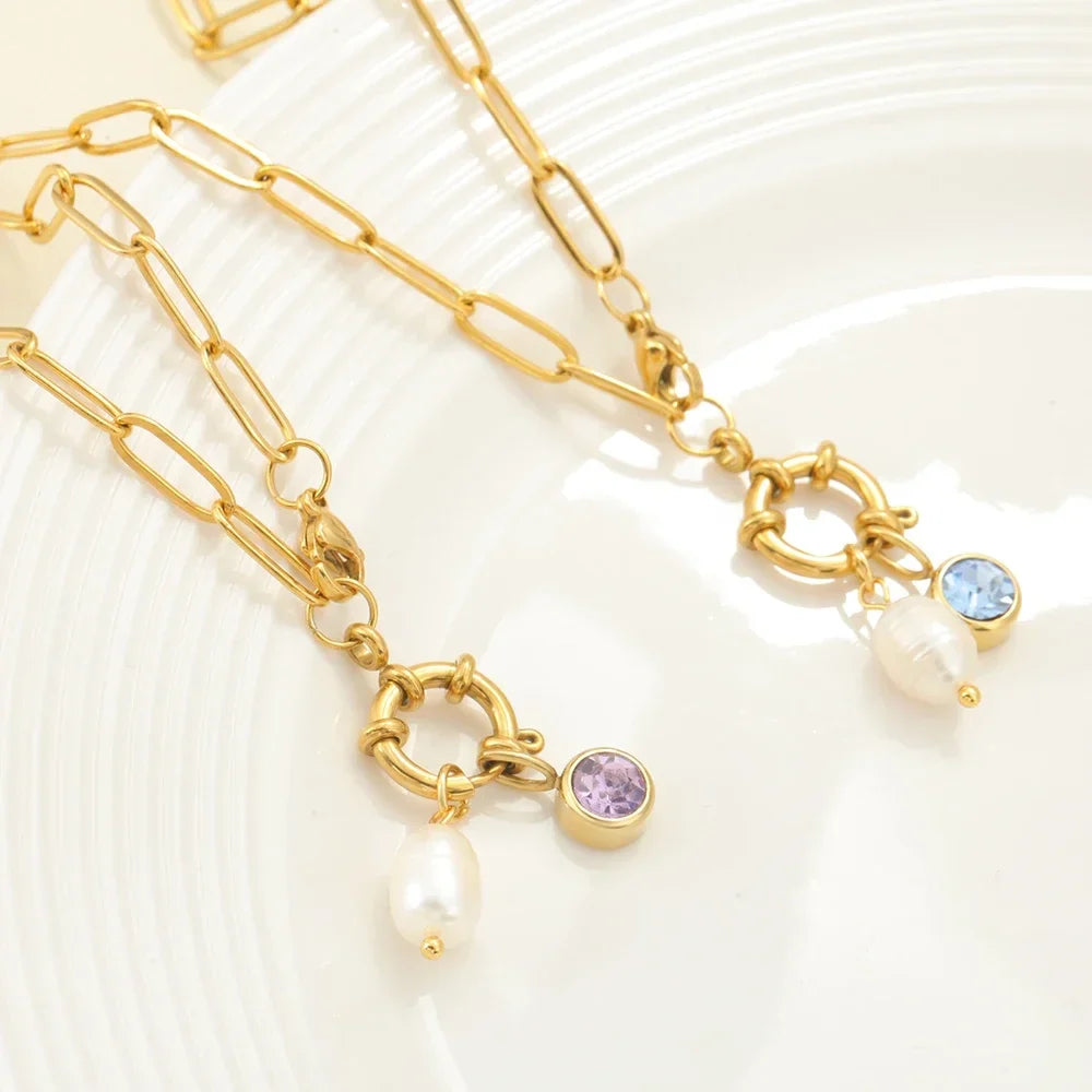 Collier maillons avec pendentif perle et pierre de naissance février