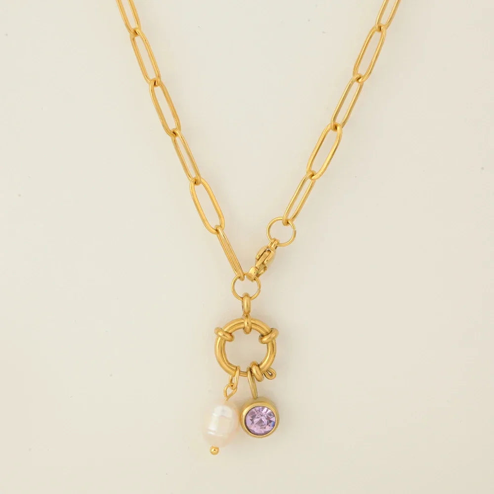 Collier maillons avec pendentif perle et pierre de naissance février
