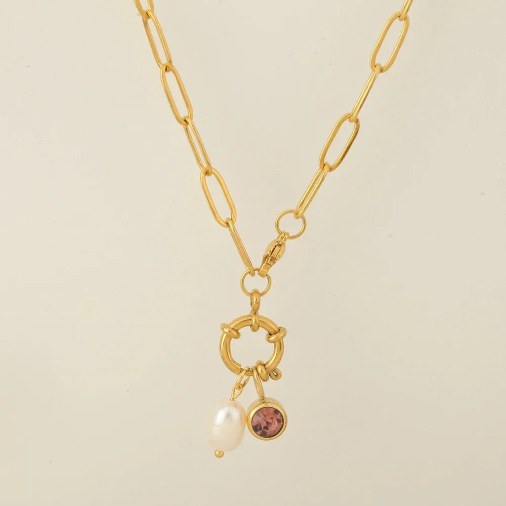 Collier maillons avec pendentif perle et pierre de naissance octobre