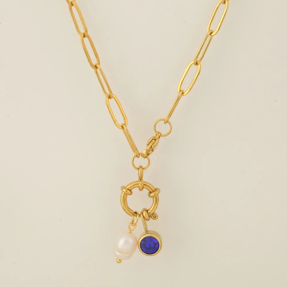 Collier maillons avec pendentif perle et pierre de naissance septembre