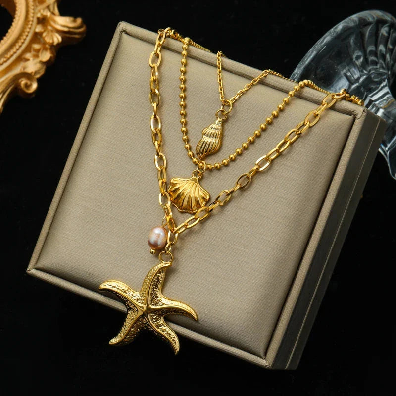 Multilayer Necklace Pendant Shell Starfish Conch Scallop Shell