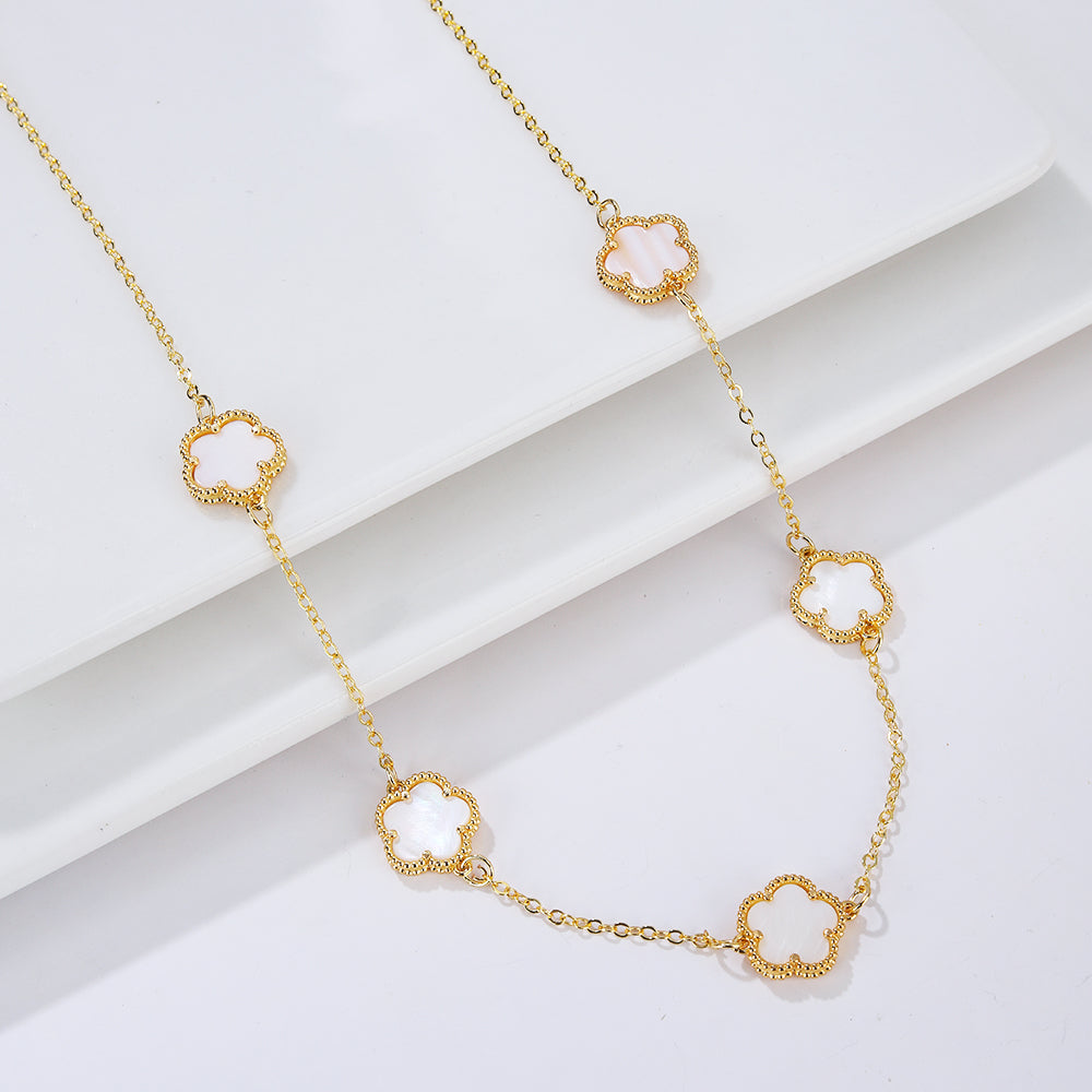 White Pearly Clover Agate Gold Necklace Gift Idea Women's Jewelry