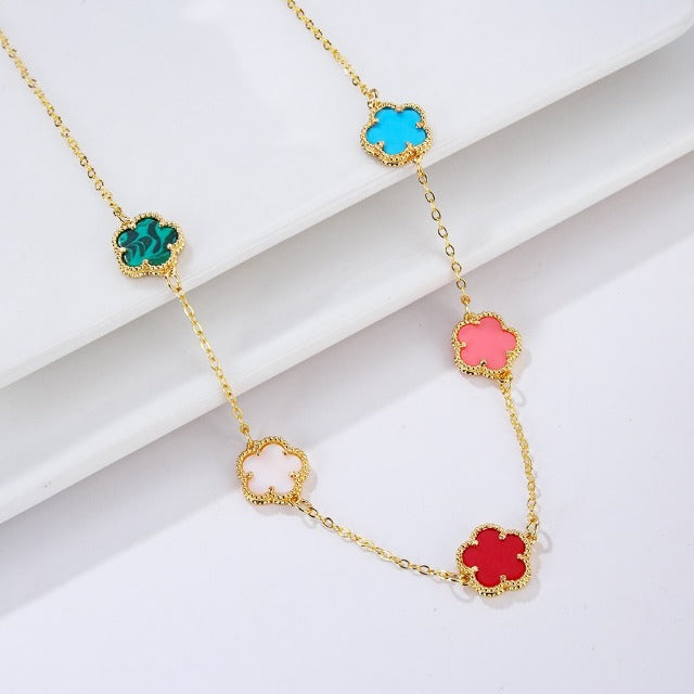 White Pearly Clover Agate Gold Necklace Gift Idea Women's Jewelry