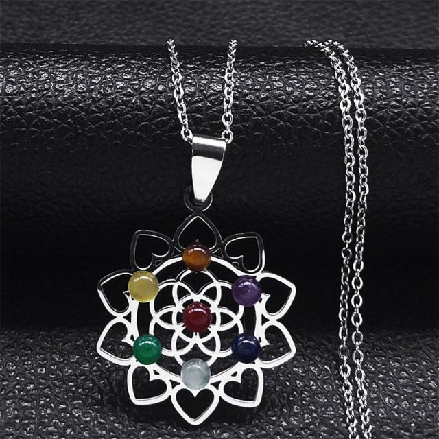 Pendant Necklace 7 Chakras Sacred Flower Natural Stones Chain Men Women 1 silver