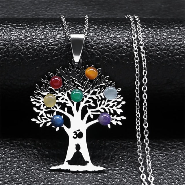 Pendant Necklace 7 Chakras Sacred Flower Natural Stones Chain Men Women 2 silver