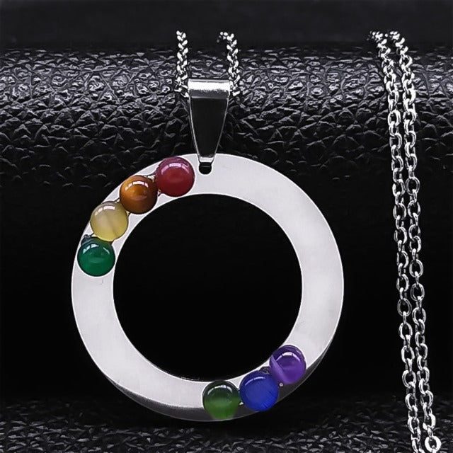 Pendant Necklace 7 Chakras Sacred Flower Natural Stones Chain Men Women 3 silver