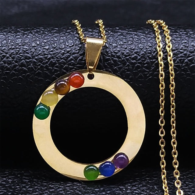 Pendant Necklace 7 Chakras Sacred Flower Natural Stones Chain Men Women 3 gold