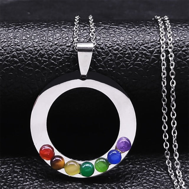Pendant Necklace 7 Chakras Sacred Flower Natural Stones Chain Men Women 4 silver