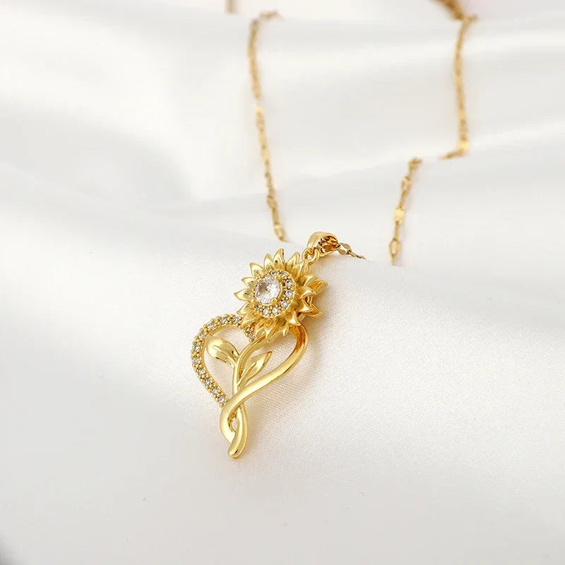 Pendant Necklace with Heart and Spinning Sunflower Flower Anti-Stress