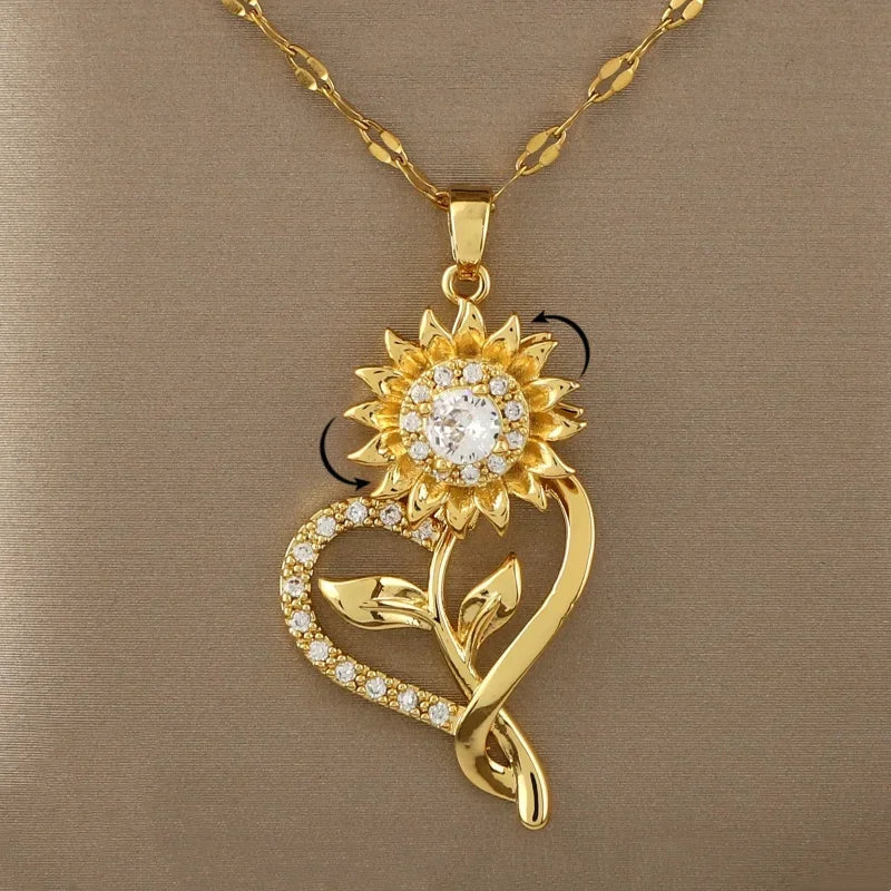 Pendant Necklace with Heart and Spinning Sunflower Flower Anti-Stress