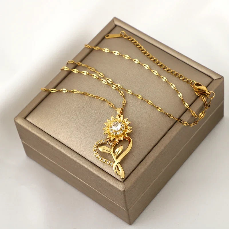 Pendant Necklace with Heart and Spinning Sunflower Flower Anti-Stress