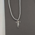 Pendant Necklace with Grey Beads and Bow Knot