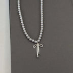 Pendant Necklace with Grey Beads and Bow Knot