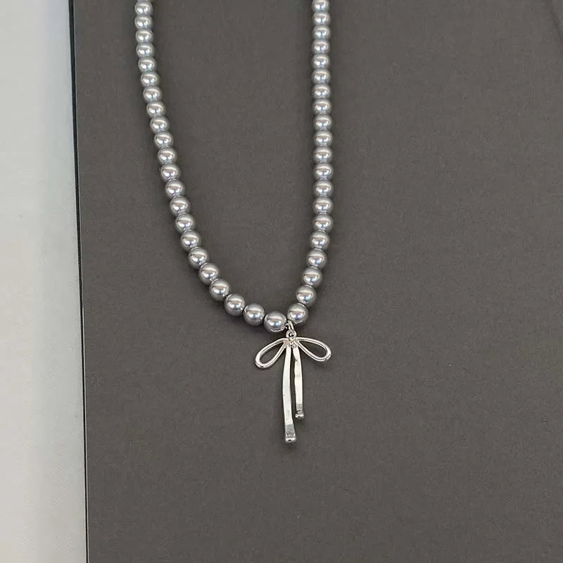 Pendant Necklace with Grey Beads and Bow Knot