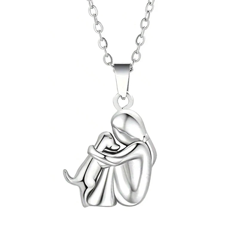 Necklace Pendant Dog and Owner Hug silver