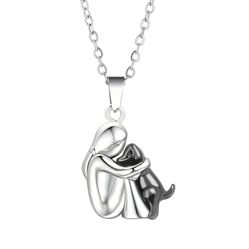Necklace Pendant Dog and Owner Hug silver and black