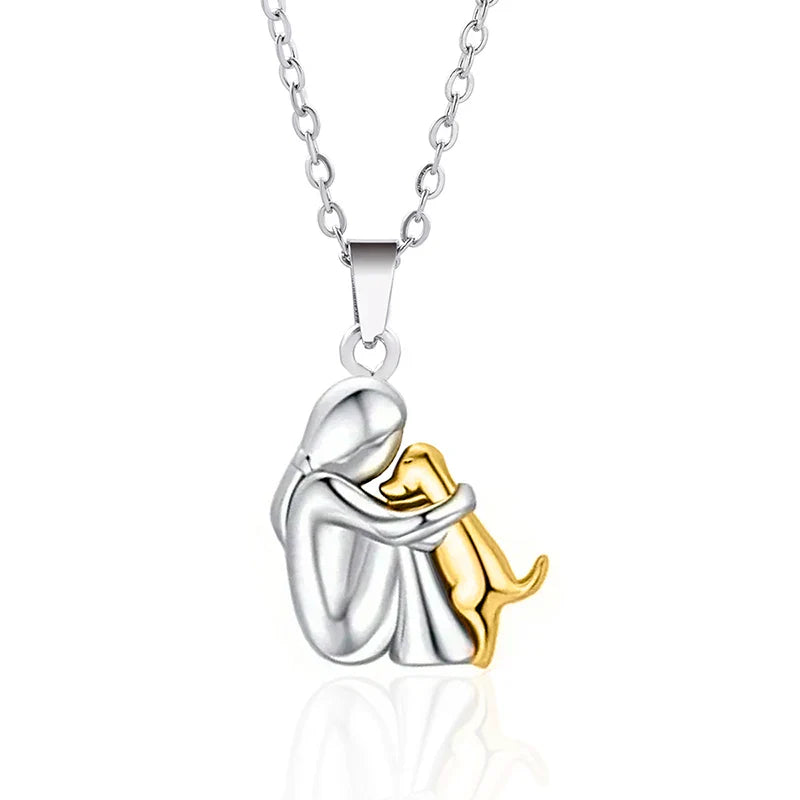 Necklace Pendant Dog and Owner Hug silver and gold