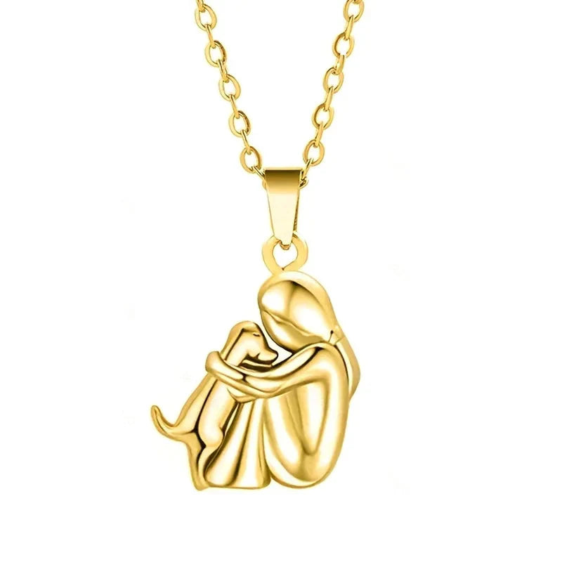 Necklace Pendant Dog and Owner Hug gold