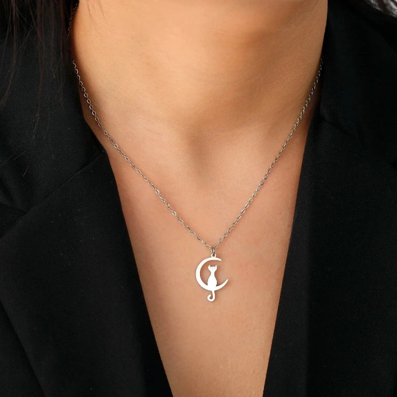 Silver Crescent Moon Cat Pendant Necklace