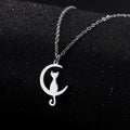 Silver Crescent Moon Cat Pendant Necklace