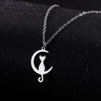 Silver Crescent Moon Cat Pendant Necklace