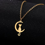 Gold Crescent Moon Cat Pendant Necklace