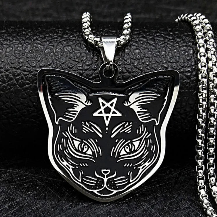 Black Cat Pendant Necklace Pentacle Witchcraft Wiccan