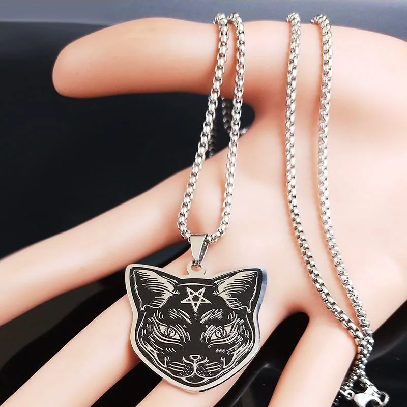 Black Cat Pendant Necklace Pentacle Witchcraft Wiccan