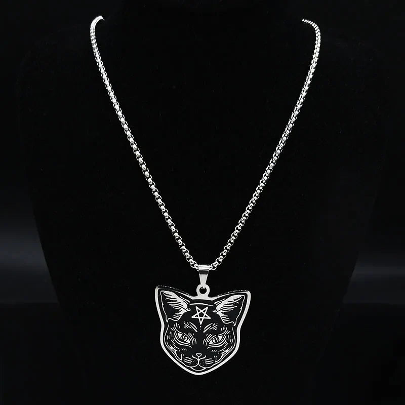 Black Cat Pendant Necklace Pentacle Witchcraft Wiccan