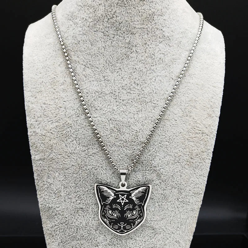 Black Cat Pendant Necklace Pentacle Witchcraft Wiccan