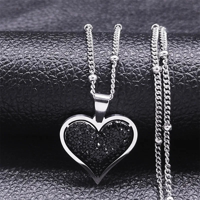 Heart Pendant Necklace & Silver and Black Zircons