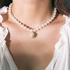 Seashell Pendant Necklace Scallop Shell with White Pearls