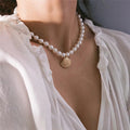 Seashell Pendant Necklace Scallop Shell with White Pearls