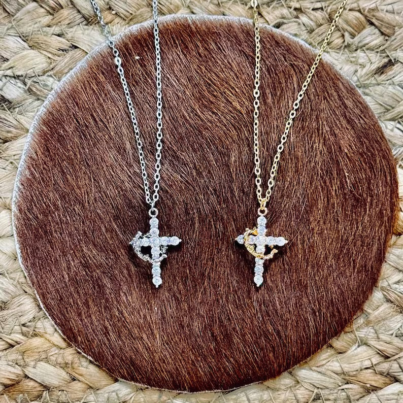 Silver Cross & Crown Pendant Necklace