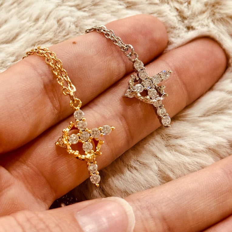 Gold Cross & Crown Pendant Necklace