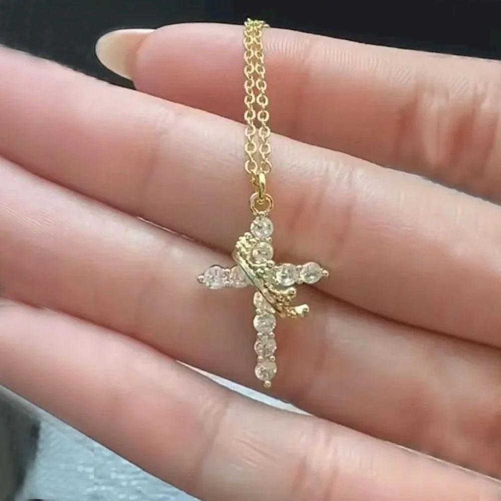 Gold Cross & Crown Pendant Necklace