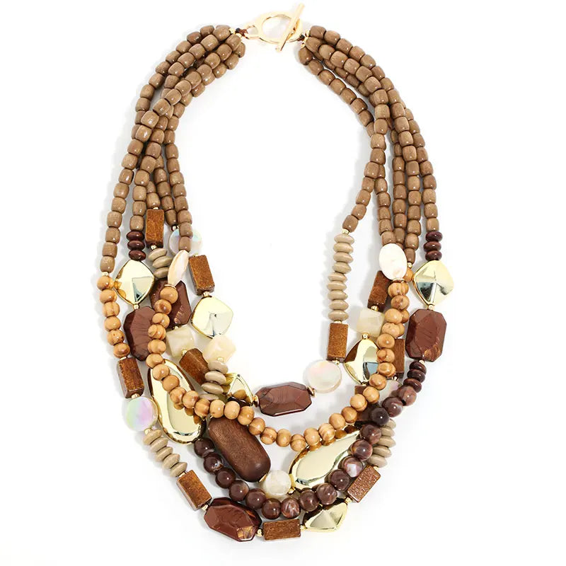 Brown Wood and Pearl Pendant Necklace