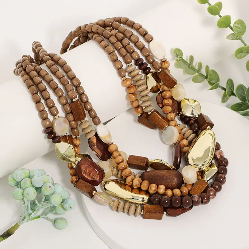 Brown Wood and Pearl Pendant Necklace