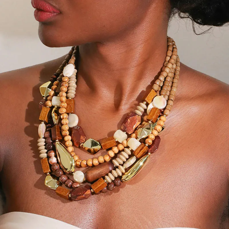 Brown Wood and Pearl Pendant Necklace