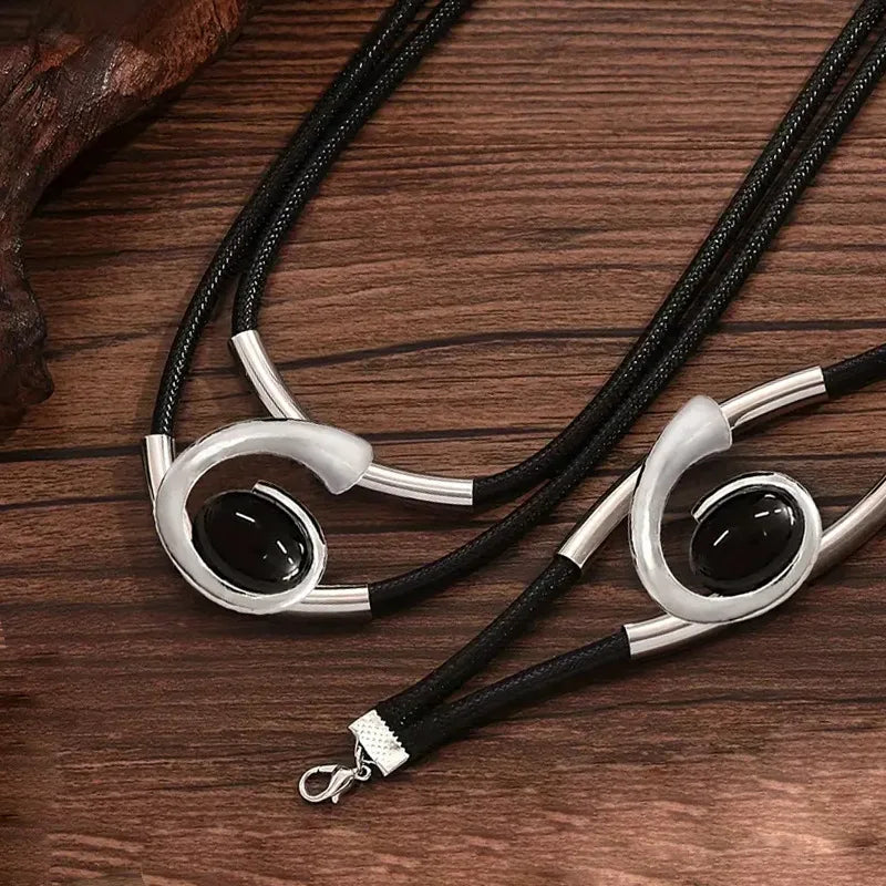 Geometric Silver Pendant Necklace and Bracelet